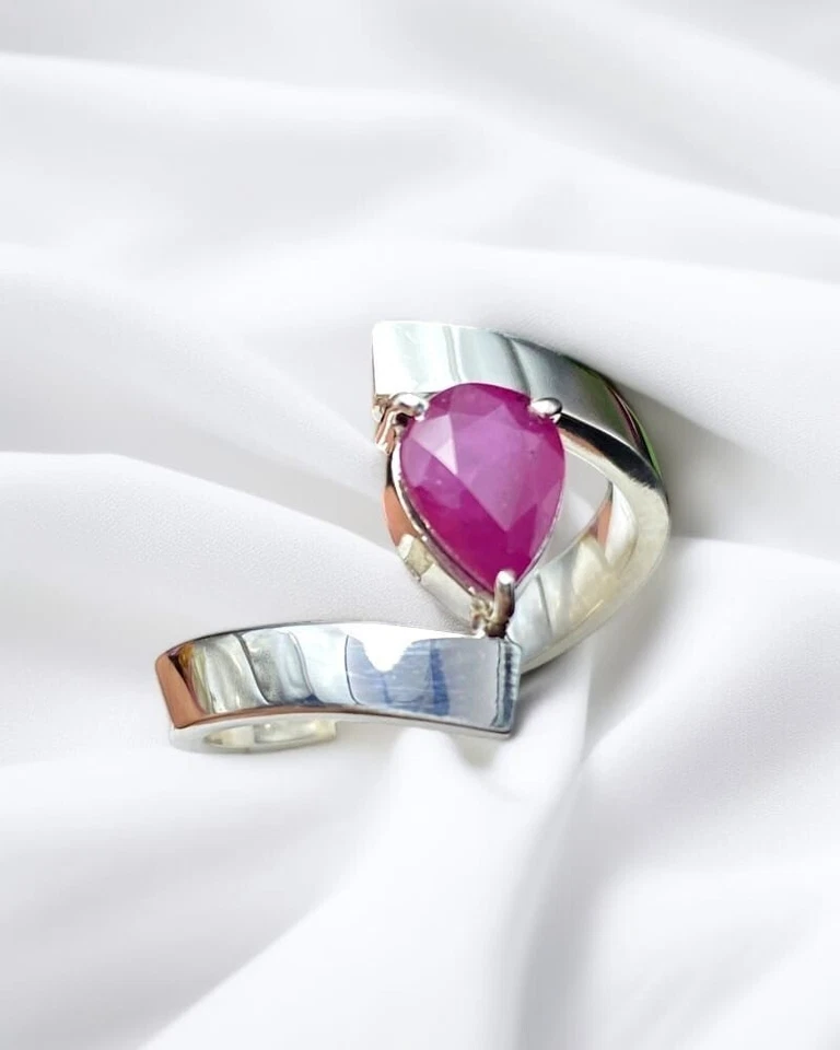 Anel feminino rubi corte pera real prata 925 Yakut feminino rubi natural pulseira de presente - Imagem 1 de 1