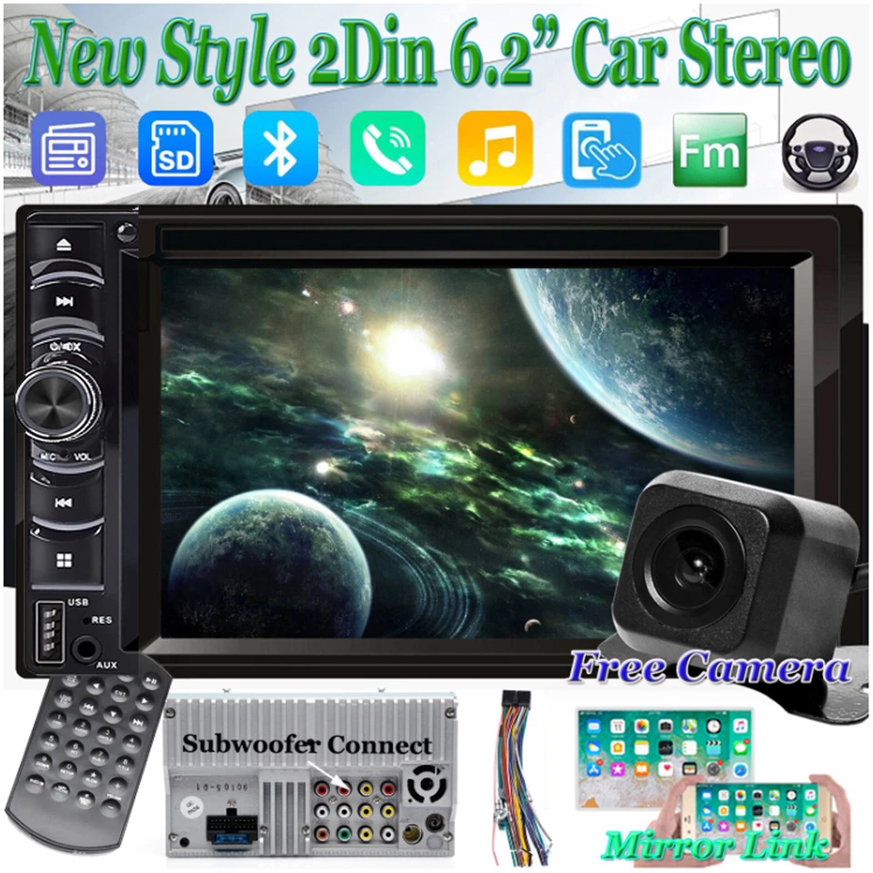 2 Din CD DVD Car Stereo Audio In Dash Mirror Link For GPS Map Android IOS+Camera - Image 1 of 4