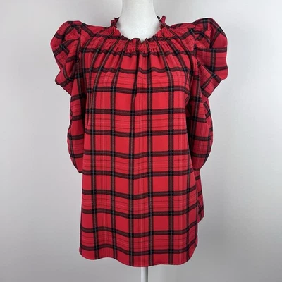 Blusa SUGAR LIPS Vacaciones Navidad Rojo Búfalo Cuadros Tartán Manga Volantes GRANDE Foto 1 de 4