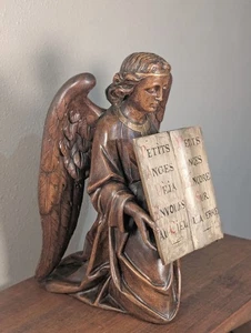 Antica statua angelo religioso gotico alta 19" in legno dipinto dorato - Foto 1 di 10