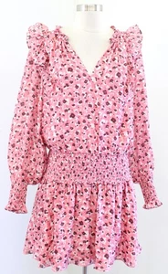 Ramy Brook Penelope Pink Ruffled Smocked Floral Dress Size M Long Sleeve V Neck  - Picture 1 of 7