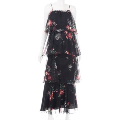 Vintage 1970s Black Floral Sheered 2 Piece Tiered Ruffled Dress Size S/M - Image 1 of 4