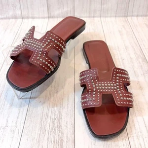 HERMES Oran Studs Sandals Mules size 36.5 Bordeaux Leather Boxed Shoes bag - Picture 1 of 24