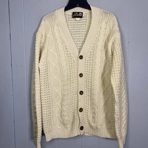 Vtg Panda Ivory Cream Cable Knit Button Down Cardigan Sweater Pure Wool 23x28 M - Picture 1 of 19