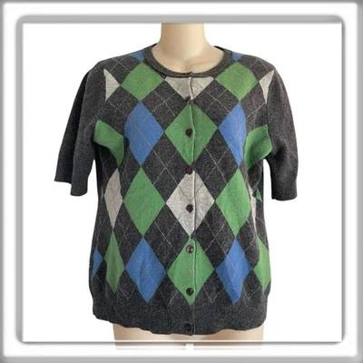 Cárdigan Suéter Kenar 2 Capas 100% Cachemira Argyle Manga Corta Gris Talla Mediana Foto 1 de 4