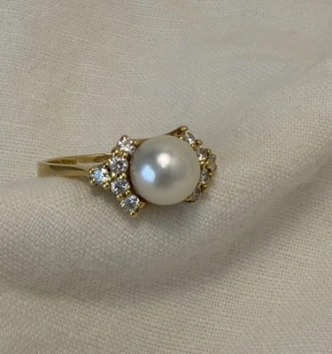 Vintage 18K Gold Vargez Pearl & Diamond Cluster Ring 4.2g - Image 1 of 4