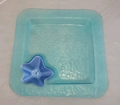 Plato cuadrado iridiscente azul estrella de mar amarillo astillado y inmersión de 121/2" Foto 1 de 3