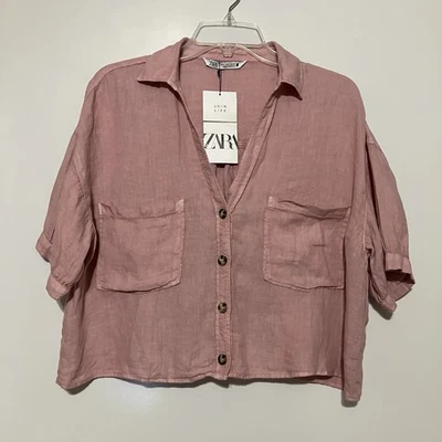 Blusa para mujer Zara de lino recortada con botones delanteros M rosa manga corta cuadrada preppy Foto 1 de 4