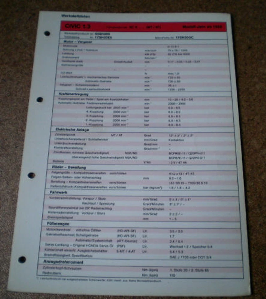 Hoja De Inspección Honda Civic 1.3 - A Partir Del Año De Modelo 1988! - Imagen 1 de 1