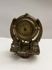 Antique Art Nouveau Brass Horseshoe Keyless Clock W/ Double Glass Inkwell, Pen - Picture 1 of 20