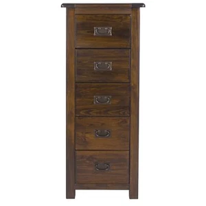 Dark Wood Chest of 5 Drawers Solid Pine Tallboy Metal Handles Lacquered Finish - Picture 1 of 1