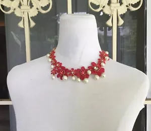 Neu mit Etikett wunderschöne J.Crew rote Flower Power Statement-Halskette mit Kristallen und Perlen - Bild 1 von 4