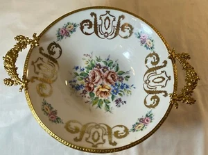 Enric Limoges Porcelaine Dart Gilt ormalu Footed Handled Porcelain Bowl Signed - Picture 1 of 9