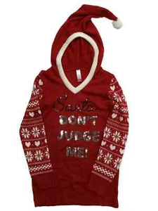 Junior Womens Sequin Santa Don't Judge Me Hoodie Christmas Holiday Sweater - Picture 1 of 2