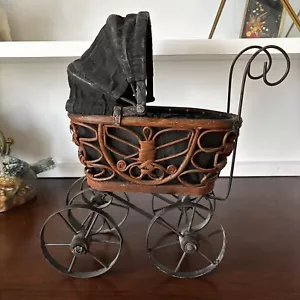 Antique Victorian Vintage Baby Doll Pram Stroller Carriage Buggy Rattan Iron - Picture 1 of 13