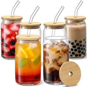 Taza de café helado batido de vidrio con pajita de vidrio y tapa de bambú ENVÍO AL DÍA SIGUIENTE - Imagen 1 de 8