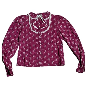 Vintage weinrote Prärie Bluse mit Spitze Latz Puffärmel Cottagecore Deadstock - Bild 1 von 7