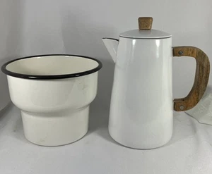 Enamel Ware White Black Kitchen Set Pitcher Wood Handle Planter Set 2 - Picture 1 of 14