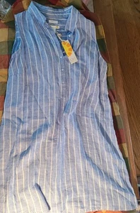 NWT C&C California Dress Cover Up 100% Linen Sleeveless Blue White Stripe 1X - Picture 1 of 14