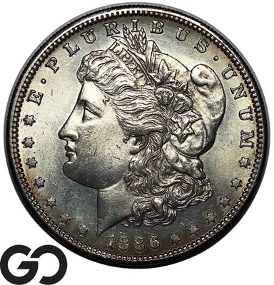 Dólar de plata Morgan 1886-S, aspecto muy a prueba, gema BU++ fecha difícil Foto 1 de 4