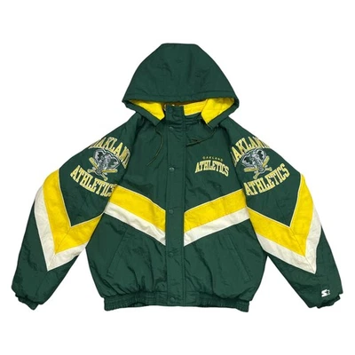 VTG 90s MLB OAKLAND ATHLETICS A's STARTER HOODED PUFFER JACKET SIZE L - Image 1 of 4