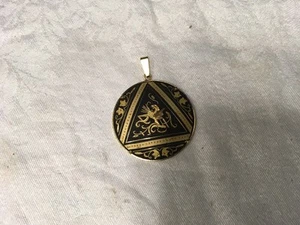 Vintage Round Gold Tone Damascene Pendant With Black Enamel. - Picture 1 of 3