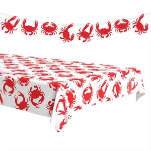 Seafood Party Supplies Crab Boil Plastic Table Cover and Shaped Garland Set - Picture 1 of 4