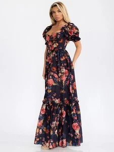 Black Floral Maxi Dress Size Large Puff Sleeve Ruffled Sweetheart Neckline - Picture 1 of 4