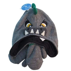 Children's Winter Hat Gray Cuffed Beanie Boys Sz XS Dinosaur Mittens Set 6-12M - Picture 1 of 4
