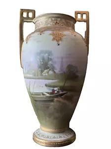 Lovely Hand Painted Nippon River Scenes Tall Vase - Picture 1 of 17