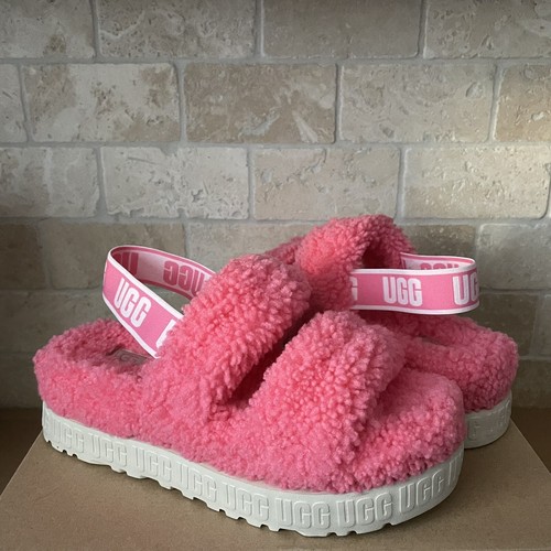 SCARPE SANDALO UGG OH FLUFFITA ROSA SHEARLING PLATEAU PLATEAU TAGLIA US 9 DONNA