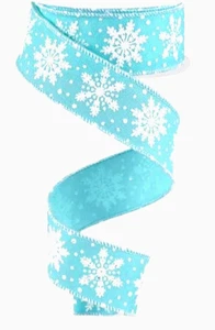 Ice Blue White Snowflakes 1.5" by 2 yd Wired Ribbon Christmas Silver Glitter - Picture 1 of 4