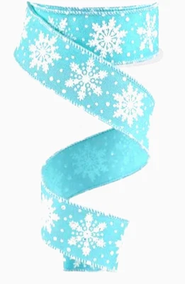 Ice Blue White Snowflakes 1.5" by 2 yd Wired Ribbon Christmas Silver Glitter - Image 1 of 4