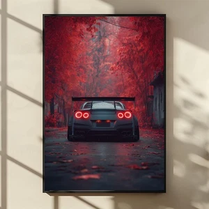 Nissan GT-R Rear View Poster - JDM Car Wall Art - Red Forest Garage Decor - Picture 1 of 5