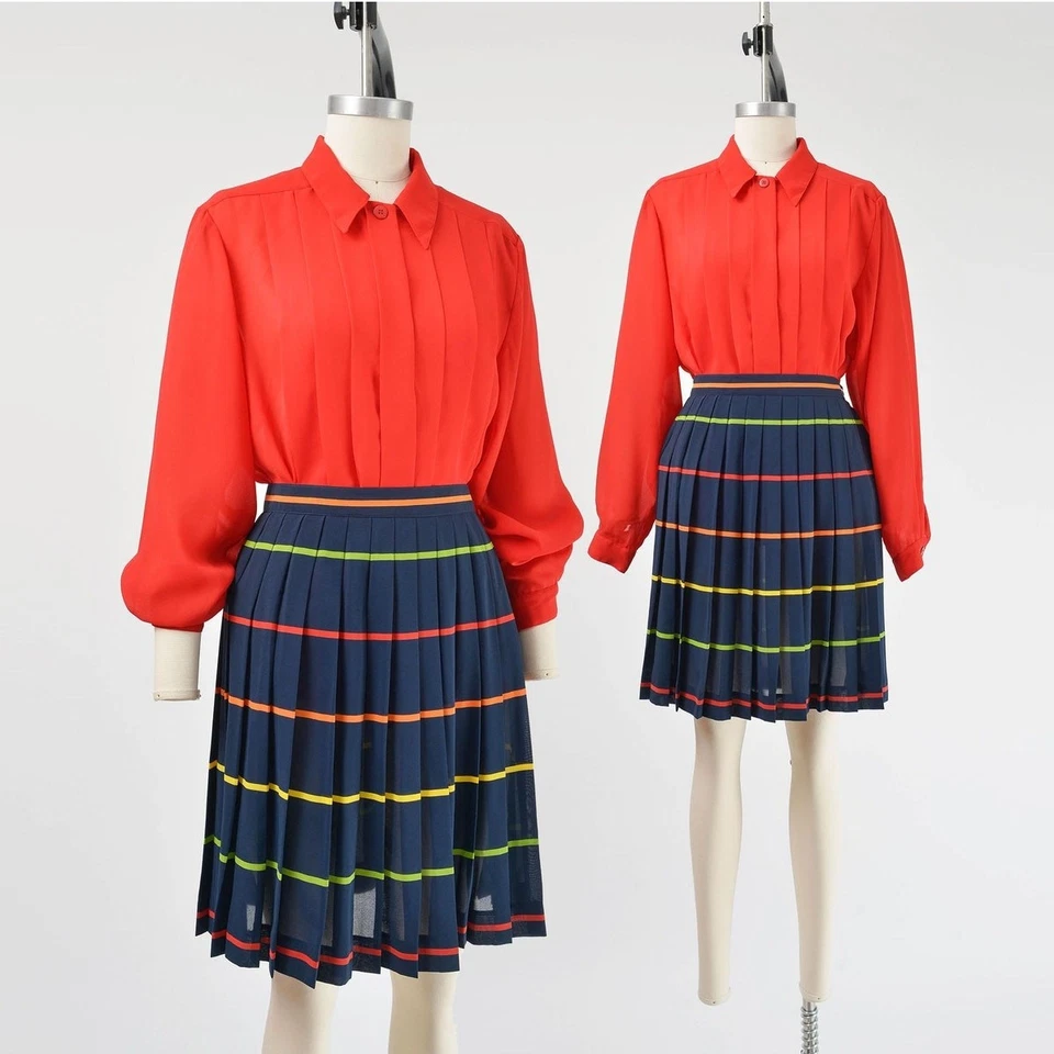 Vintage 80s Red Pleated Blouse Semi Sheer Top Collared Button Down Blouse M - Image 1 of 4