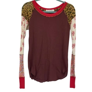 WE THE FREE Thermal Top Red Burgundy Leopard Thin Floral Patchwork Womens L - Picture 1 of 9