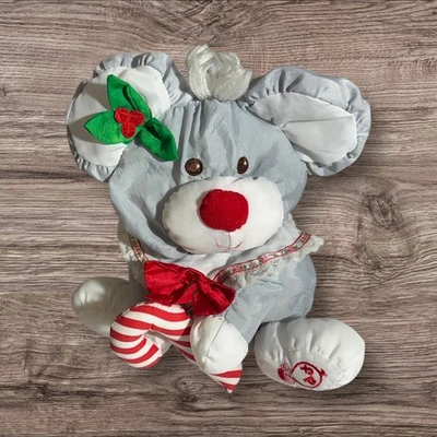 VTG Fisher Price Puffalumps CHRISTMAS MOUSE Gray Candy Cane Plush Stuffed 1987 - Image 1 of 4