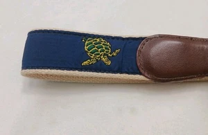 Ribbon Belt Boys Sm 28 Blue Turtles Manatee Leather Trim Brass Buckle - Picture 1 of 7