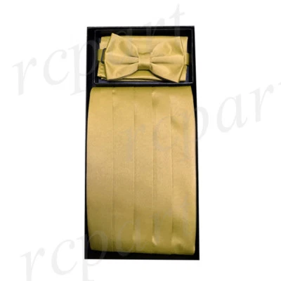 Nuevo Conjunto de pajarita y pañuelo de poliéster sólido para hombre Formal Boda Dorado Foto 1 de 4