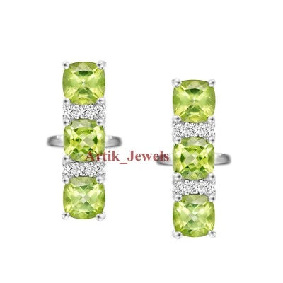 Natural Peridot Gemstone With 14K White Gold Plated Silver Cufflink #1305 - Image 1 of 4