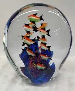 Large Glass Hand Blown Aquarium Paperweight with School of Fish & Coral- 2 Sided - Picture 1 of 11
