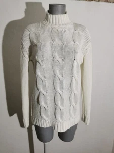 Pullover Creme Zopfmuster Rollkragen Gr 36 38 Baumwollmischung SK3 - Bild 1 von 2