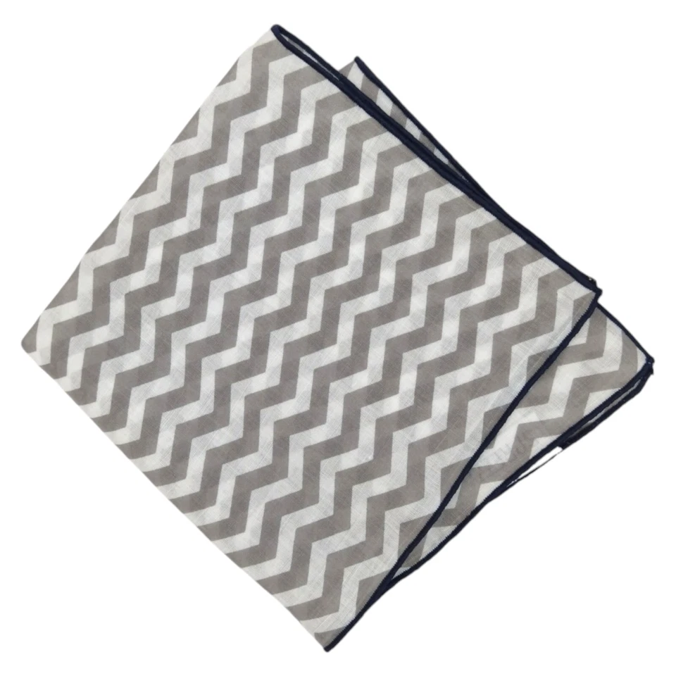 Mens Linen Handkerchief Pocket Square Gray White Chevron Navy Border Hanky 12.5 - Image 1 of 4