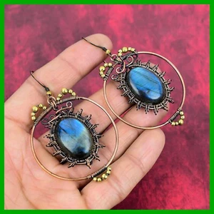 Labradorite Gemstone Artisan Handmade Wire Wrapped Drop Dangle Earrings Copper - Picture 1 of 6