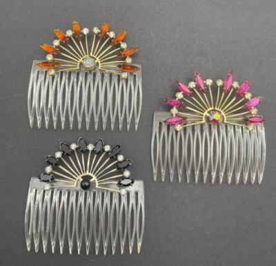 Vintage Clear Hair Comb Metal Orange, Black, Pink & AB Rhinestone 1950s Set Of 3 - Image 1 of 2