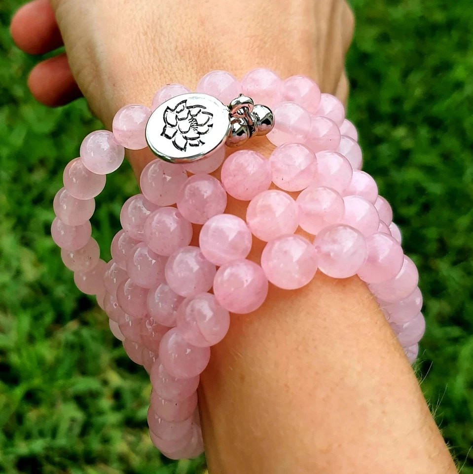 Natural 108 Mala 8 mm Beads Prayer Rose Quartz Healing Women Necklace Bracelet - Image 1 of 4