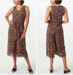 NWT Roz & Ali Size 14 Brown Animal Print V-Neck Tie Waist One-Piece Jumpsuit $59 - Picture 1 of 6