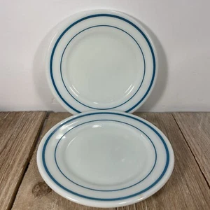 PYREX Tableware by Corning Milk Glass 6.75” Plates teal blue Stripes Set of 2 - Picture 1 of 5