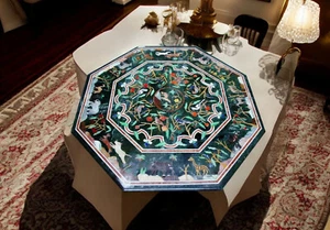 Tavolo da pranzo 36" marmo verde pietra semipreziosa intarsiata lavoro artigianale deco - Foto 1 di 7
