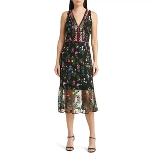 Vestido Sam Edelman Botánico Transparente Midi Negro con Bordado Floral Talla 0 $168 - Imagen 1 de 16